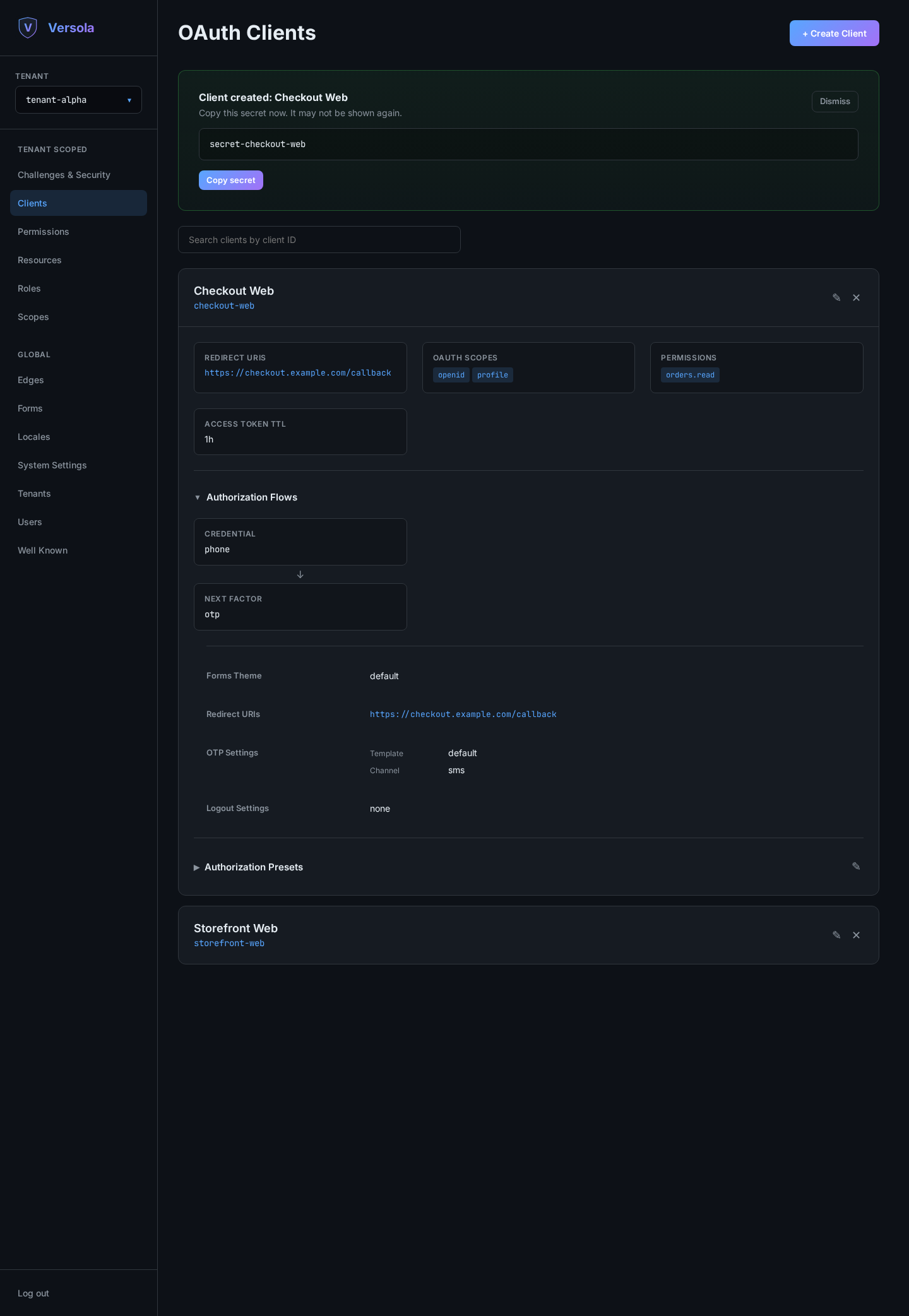 Banner showing the newly generated client secret