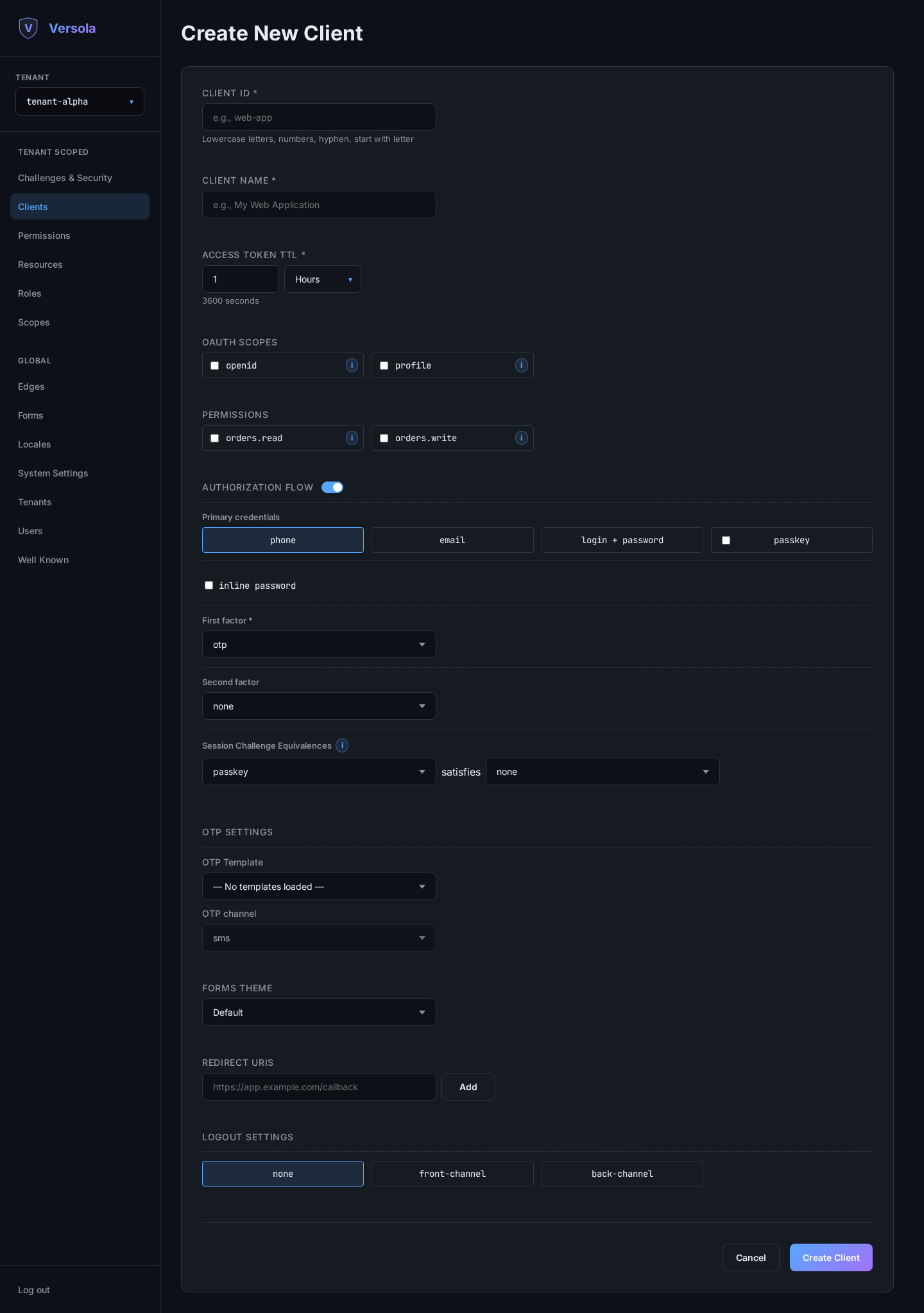 Empty client creation form