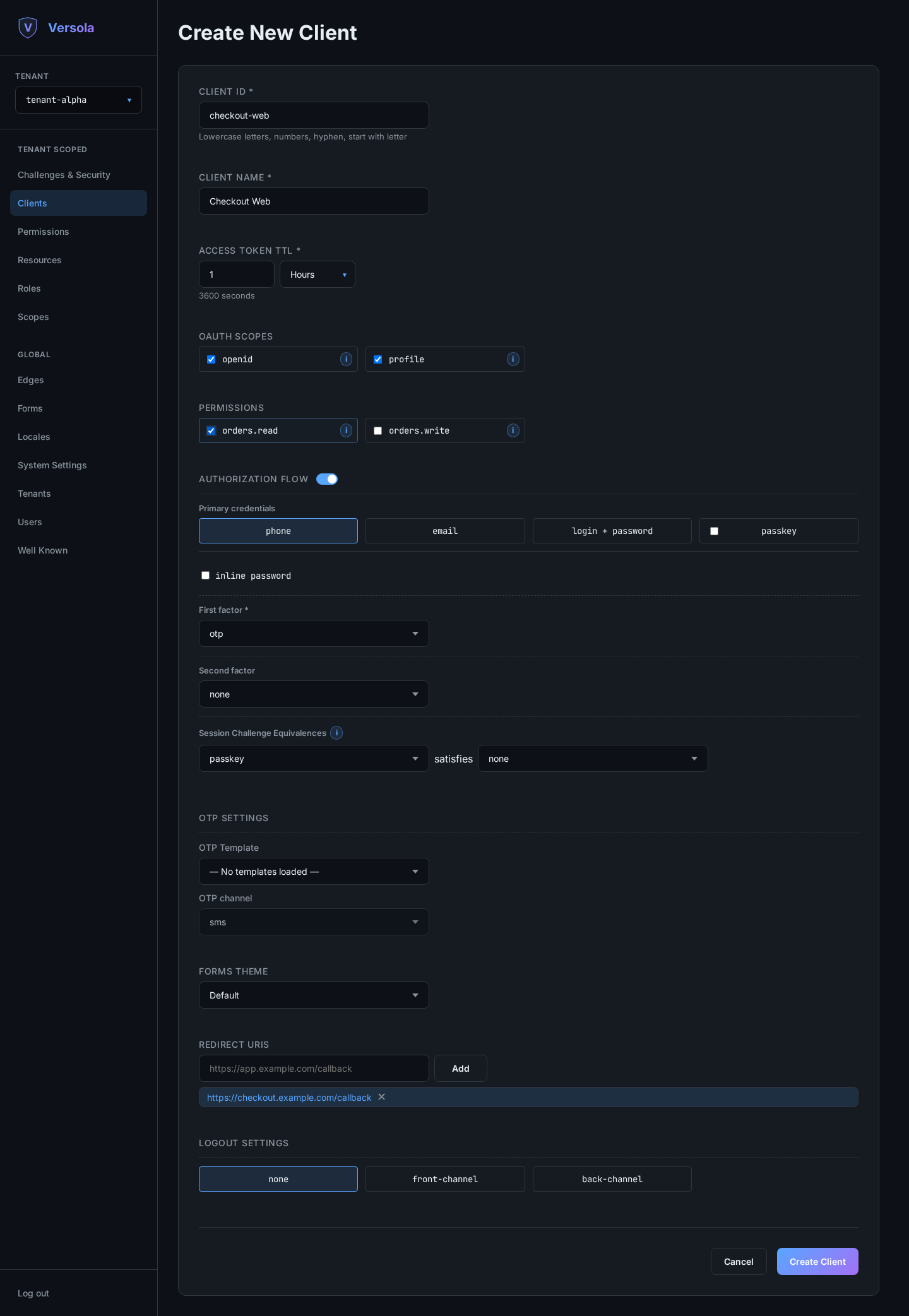 Client form with ID, name, redirect URI, scopes and permissions filled in