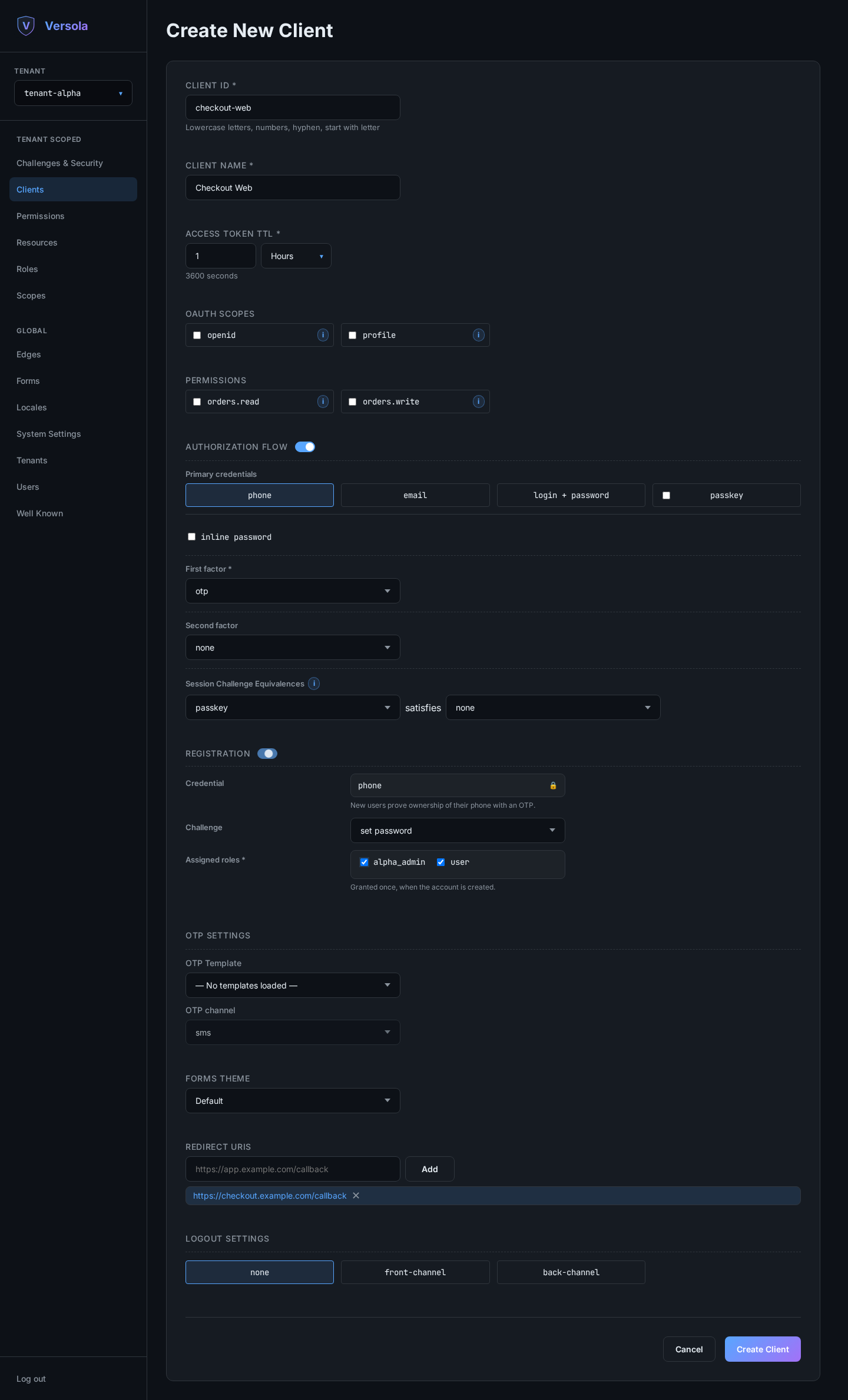 Client form with the Registration section expanded, showing the challenge selector and assigned roles