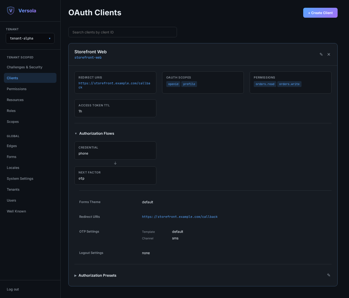 Expanded client card showing redirect URIs, scopes, permissions and auth flow