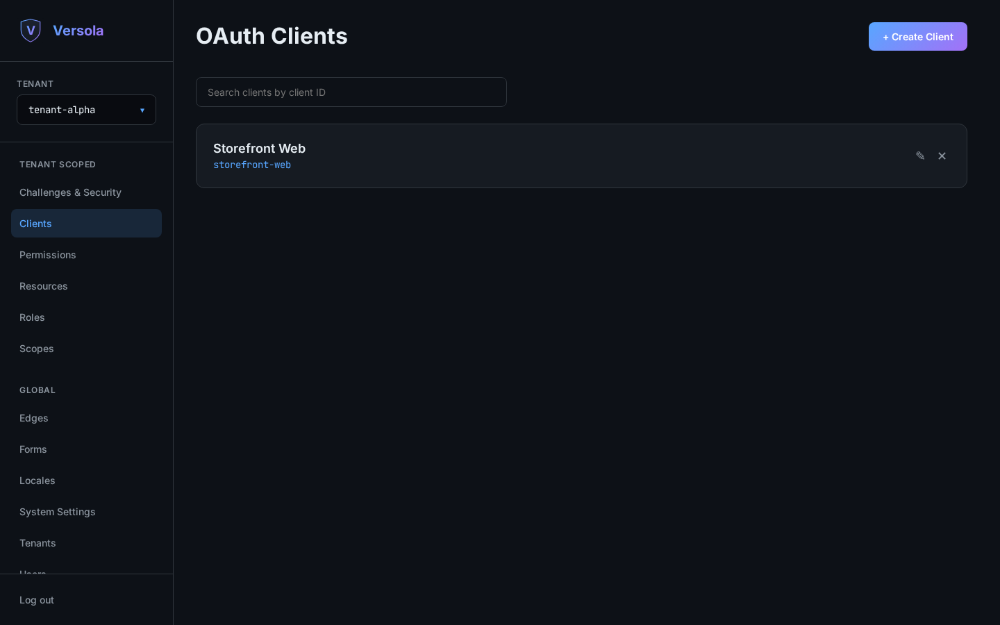 Clients list in the Versola admin console