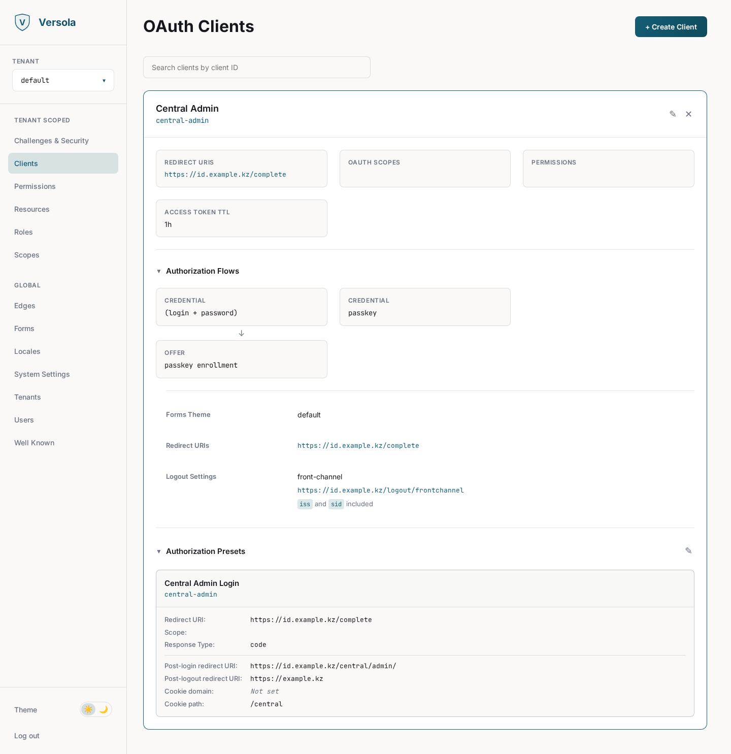 Versola admin: OAuth client registry