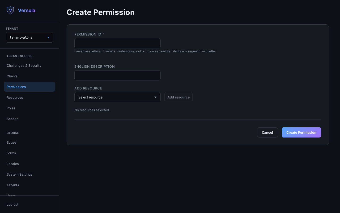 Empty permission creation form