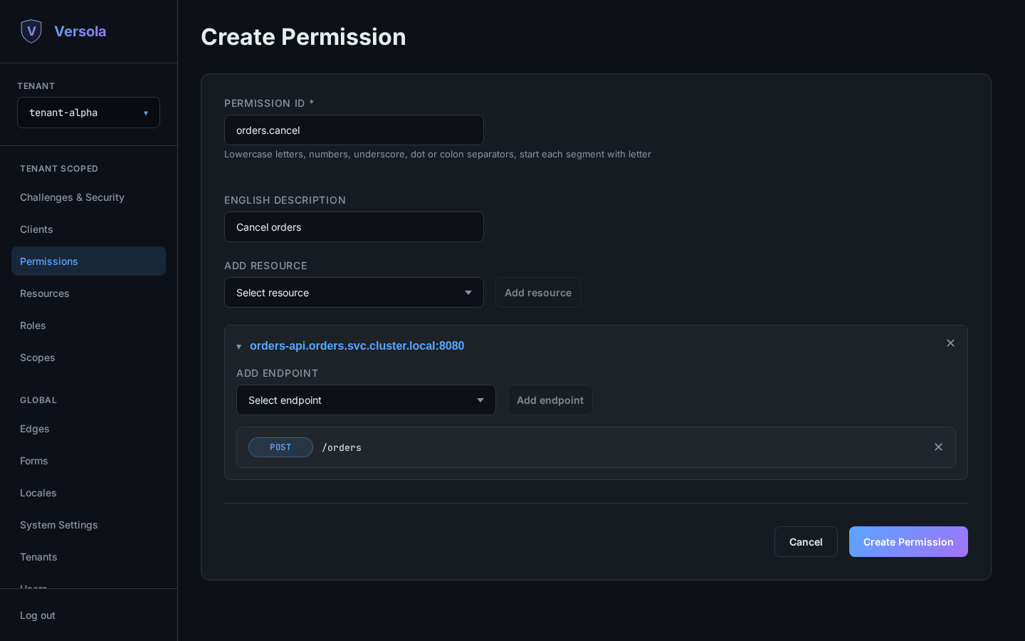 Permission form with ID, description, a resource and an endpoint attached