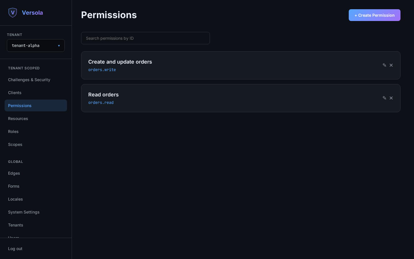 Permissions list in the Versola admin console