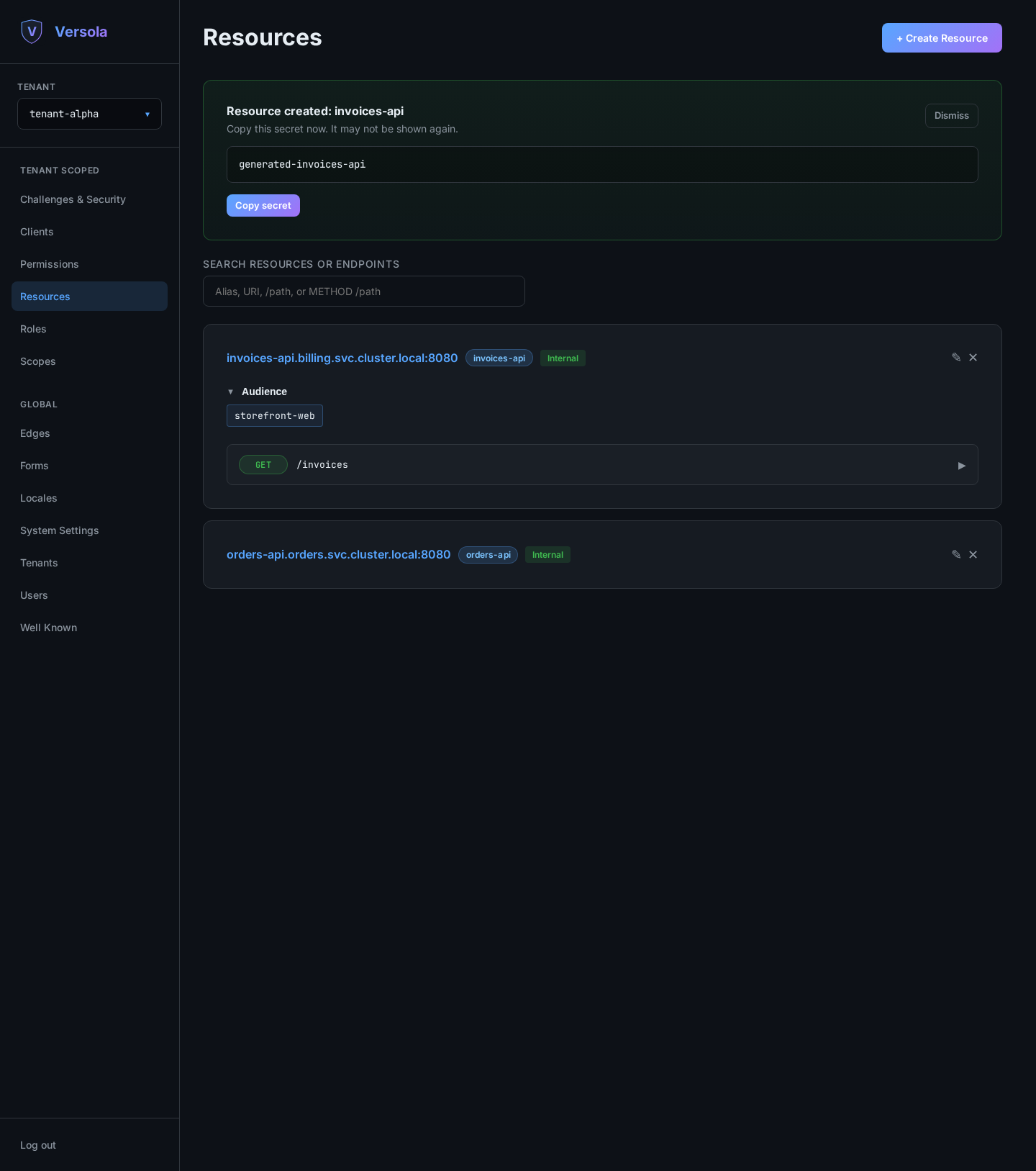 Banner showing the newly generated resource secret