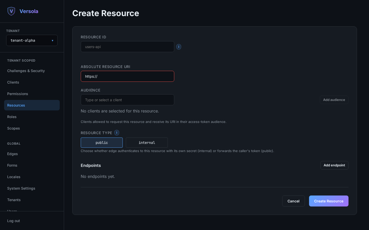 Empty resource creation form