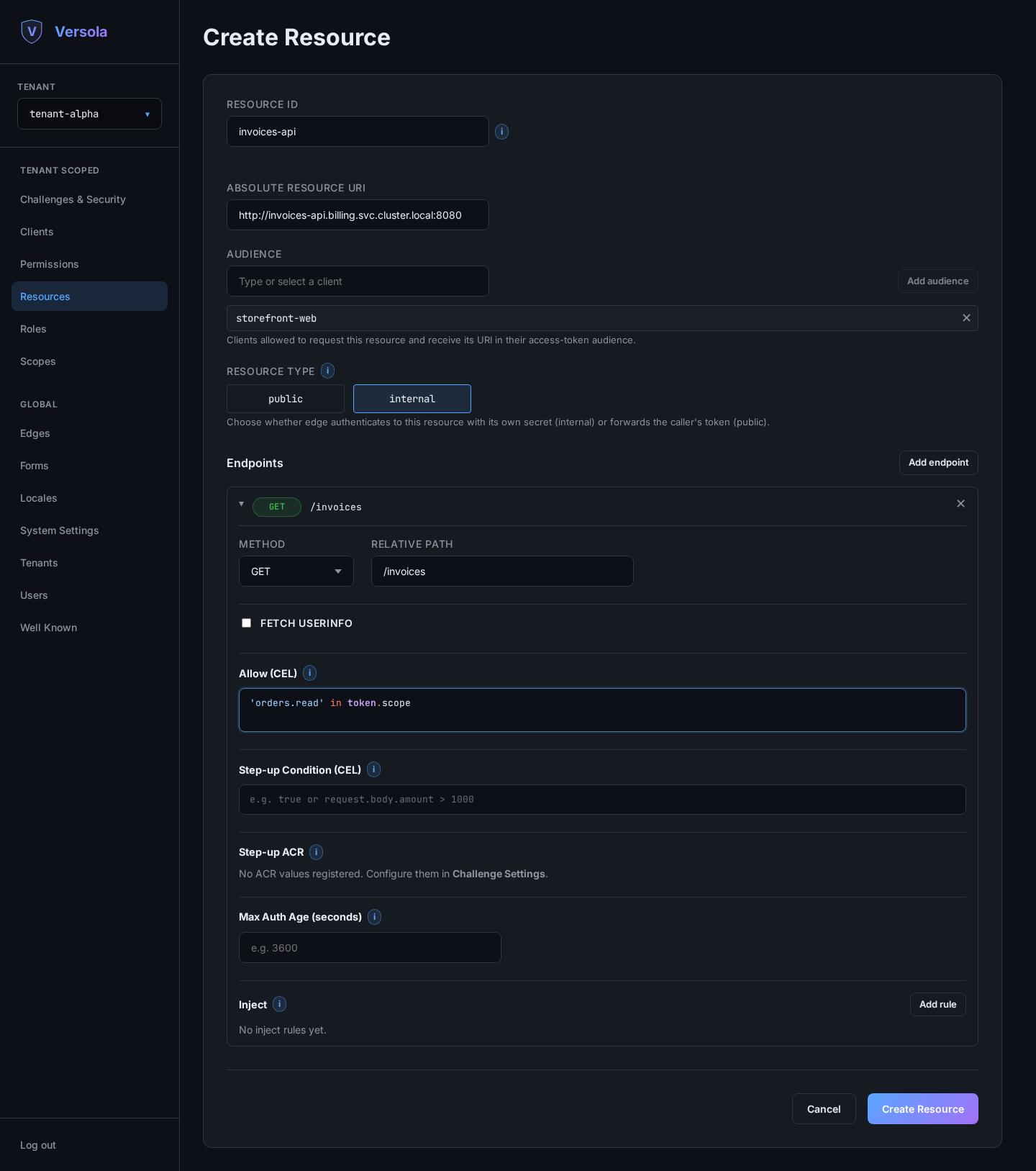 Endpoint editor showing method, path, allow expression, step-up and inject settings