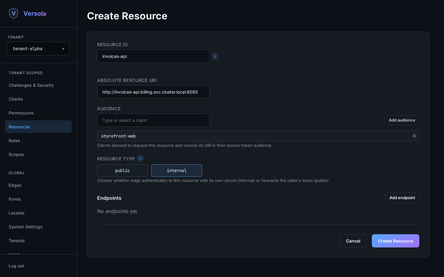 Resource form with ID, URI, audience and internal type filled in