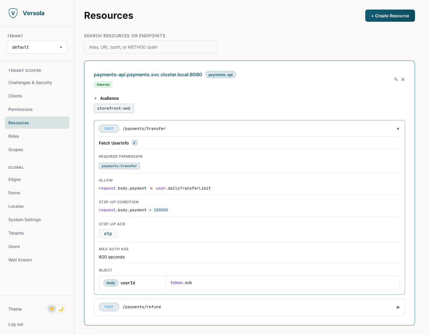 Versola admin: layered CEL and step-up access policy