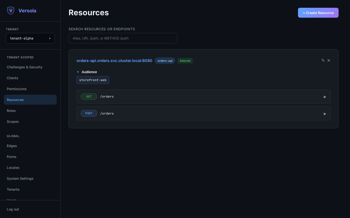 Expanded resource card showing audience and endpoints