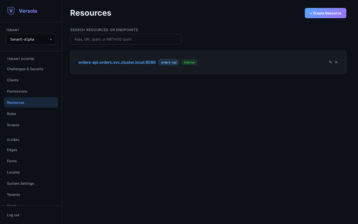 Resources list in the Versola admin console