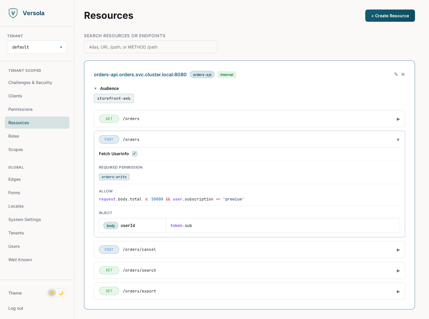 Versola admin: protected resource registry