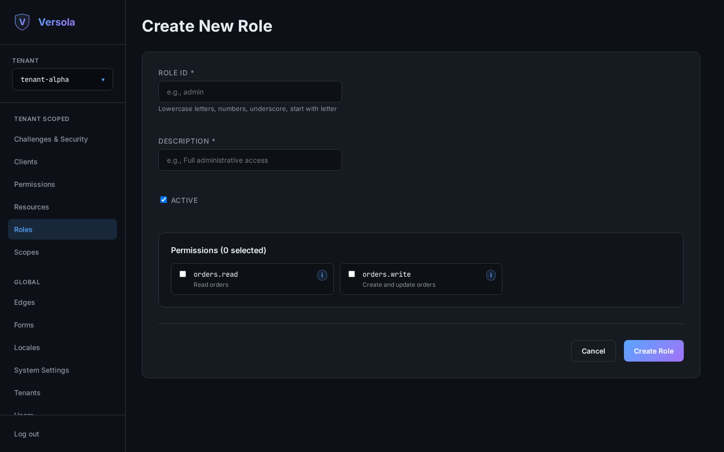 Empty role creation form