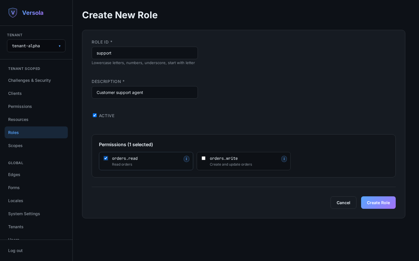 Role form with ID, description and a permission selected