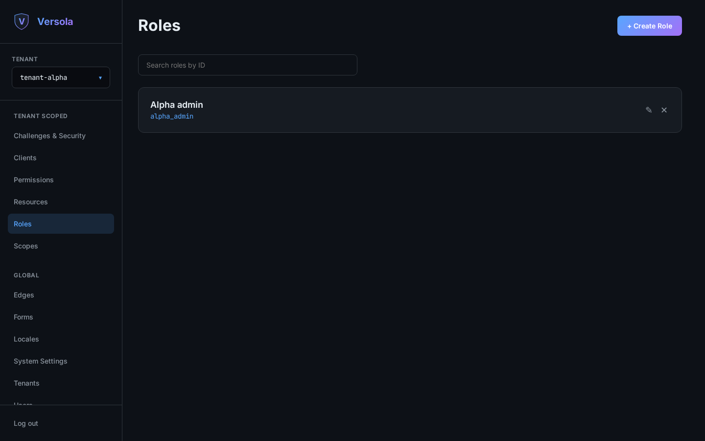 Roles list in the Versola admin console