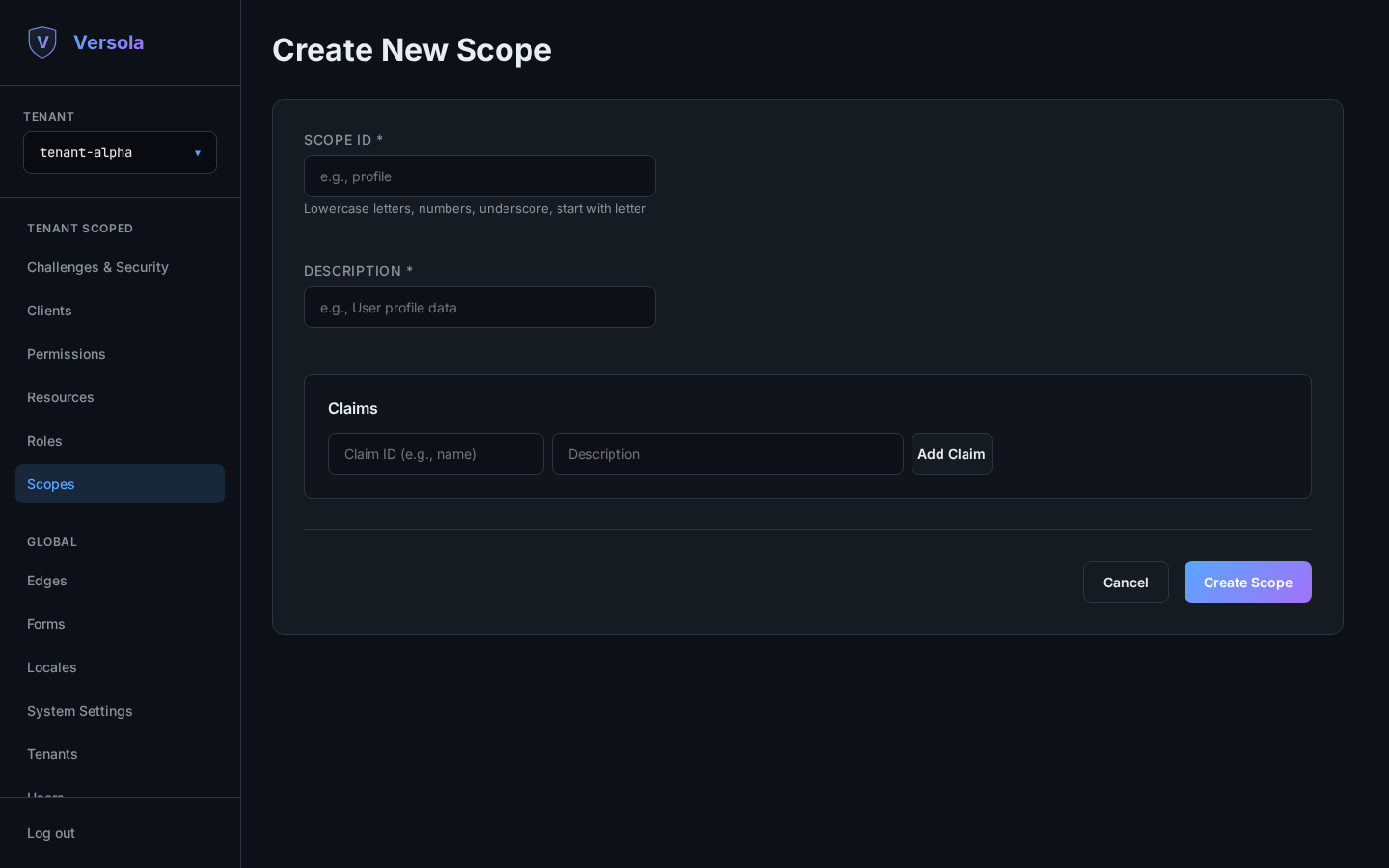 Empty scope creation form
