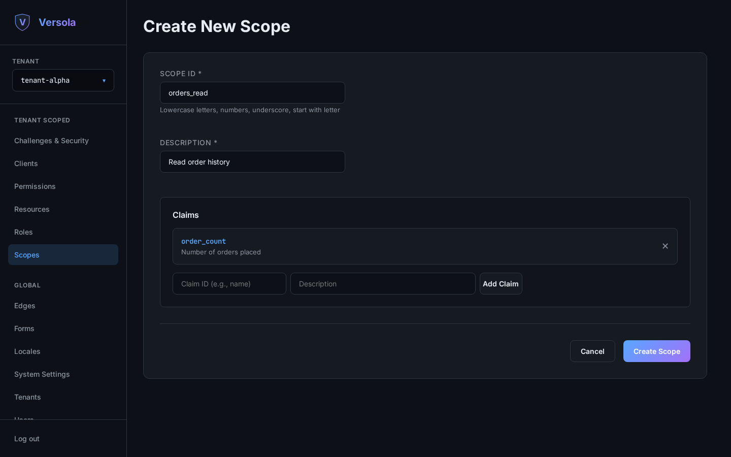 Scope form with ID, description and a claim added