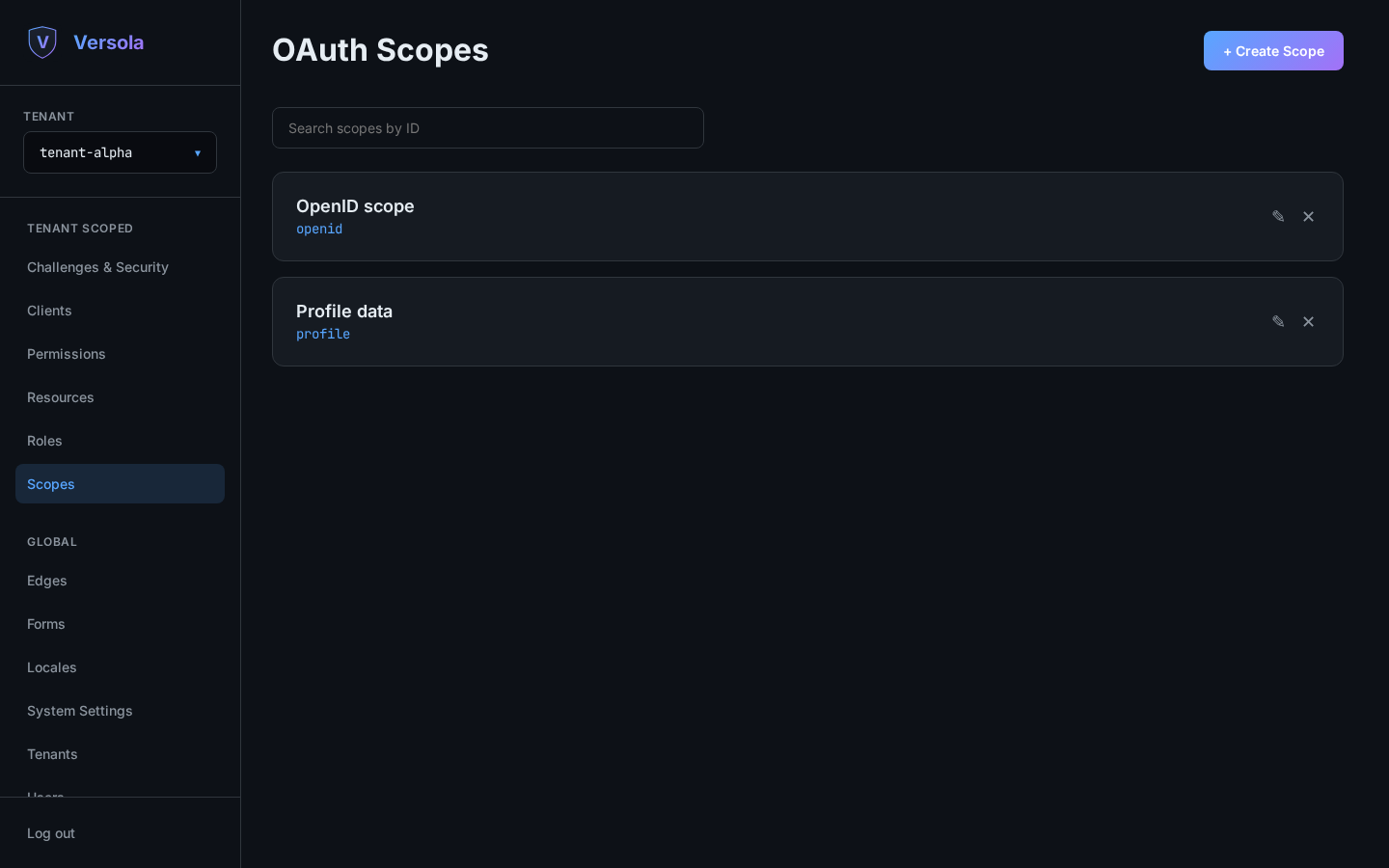 OAuth Scopes list in the Versola admin console