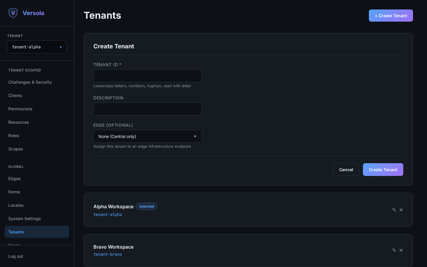 Empty tenant creation form
