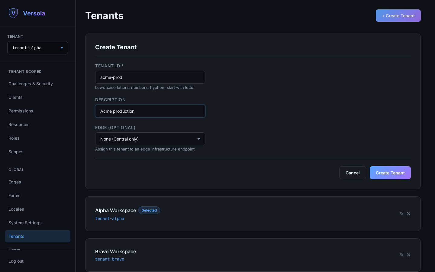 Tenant form with ID and description filled in