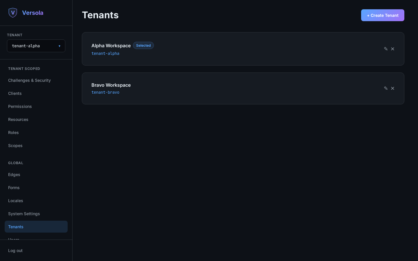 Tenants list in the Versola admin console
