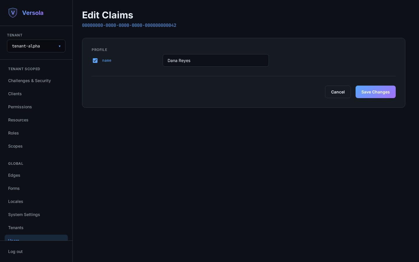 Edit Claims screen with scope-grouped claim checkboxes
