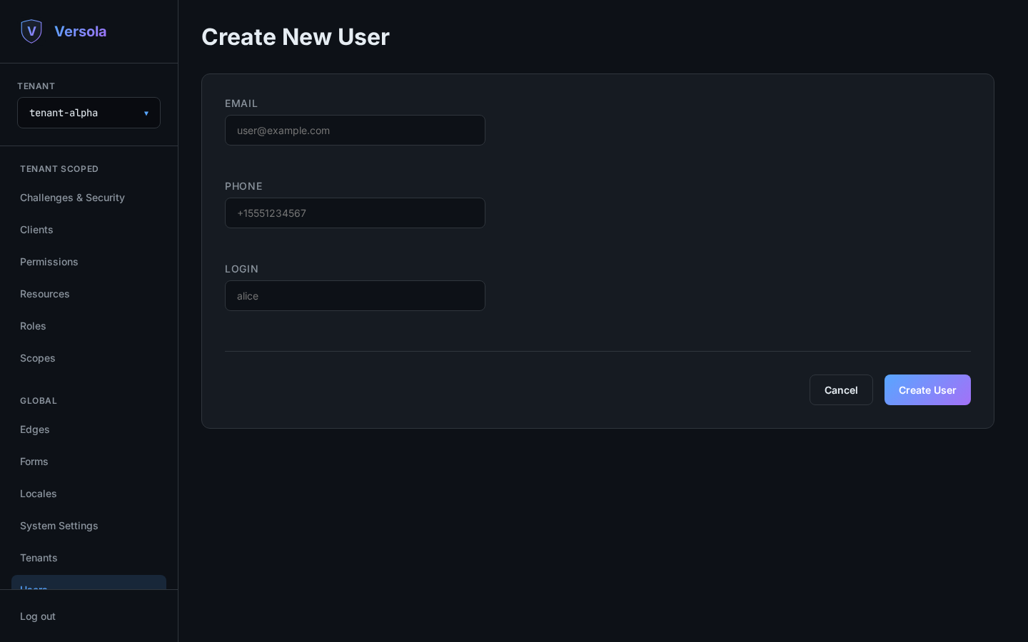 Empty create-user form