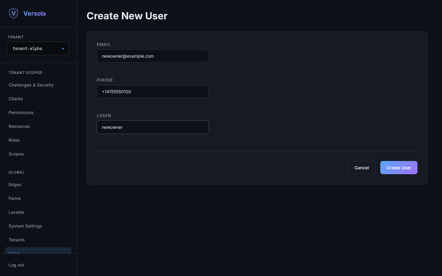 Create-user form filled in with email, phone and login