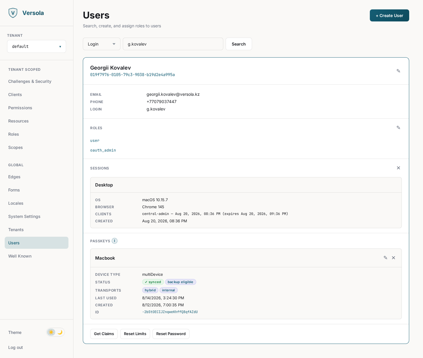 Versola admin: a user's roles, SSO session, and passkey