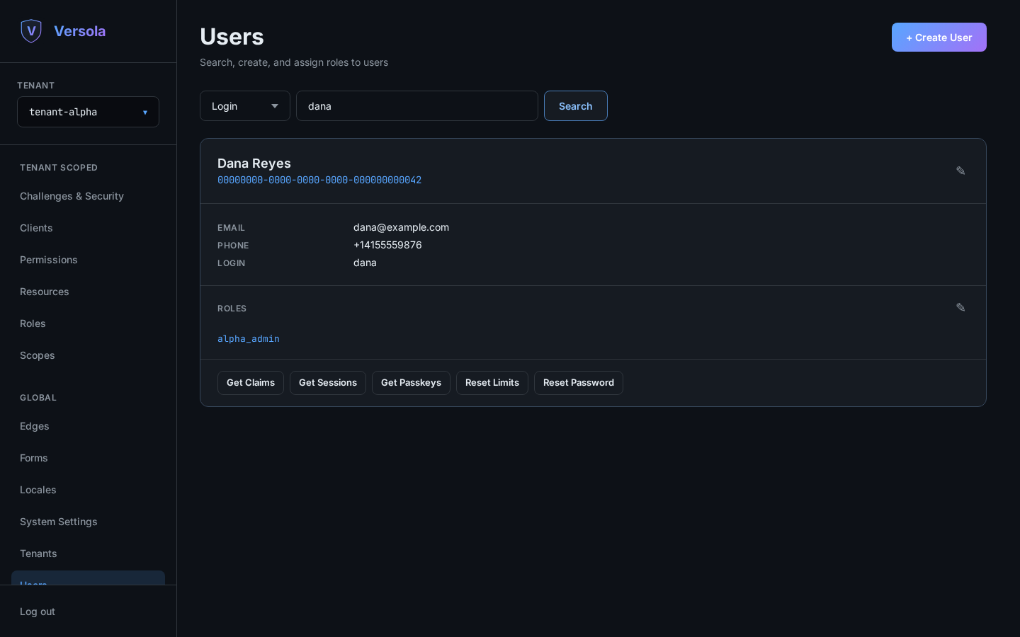 User card with the Roles section expanded showing an assigned role