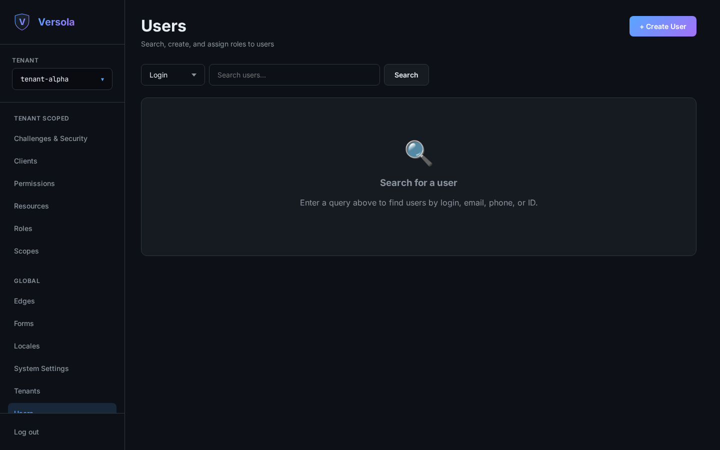 Users screen before any search has been performed